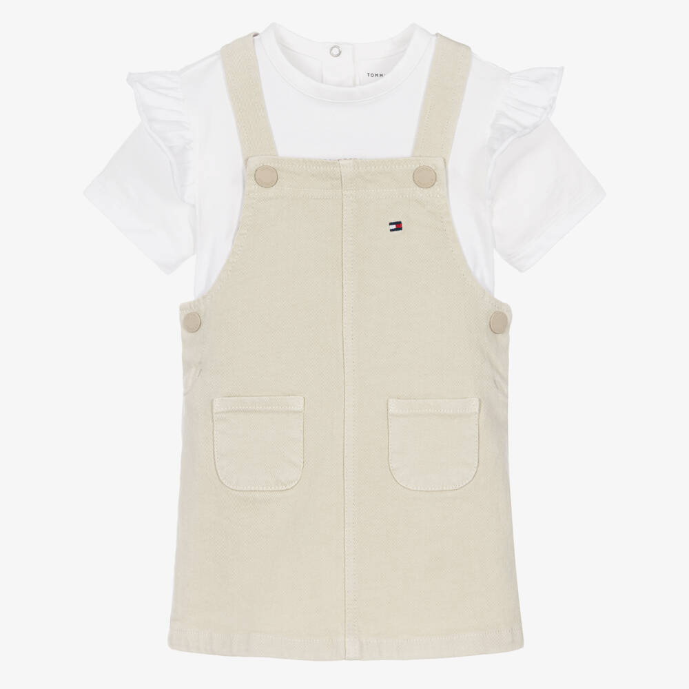 Tommy Hilfiger-Baby Girls Beige Cotton Dungaree Dress Set | Childrensalon