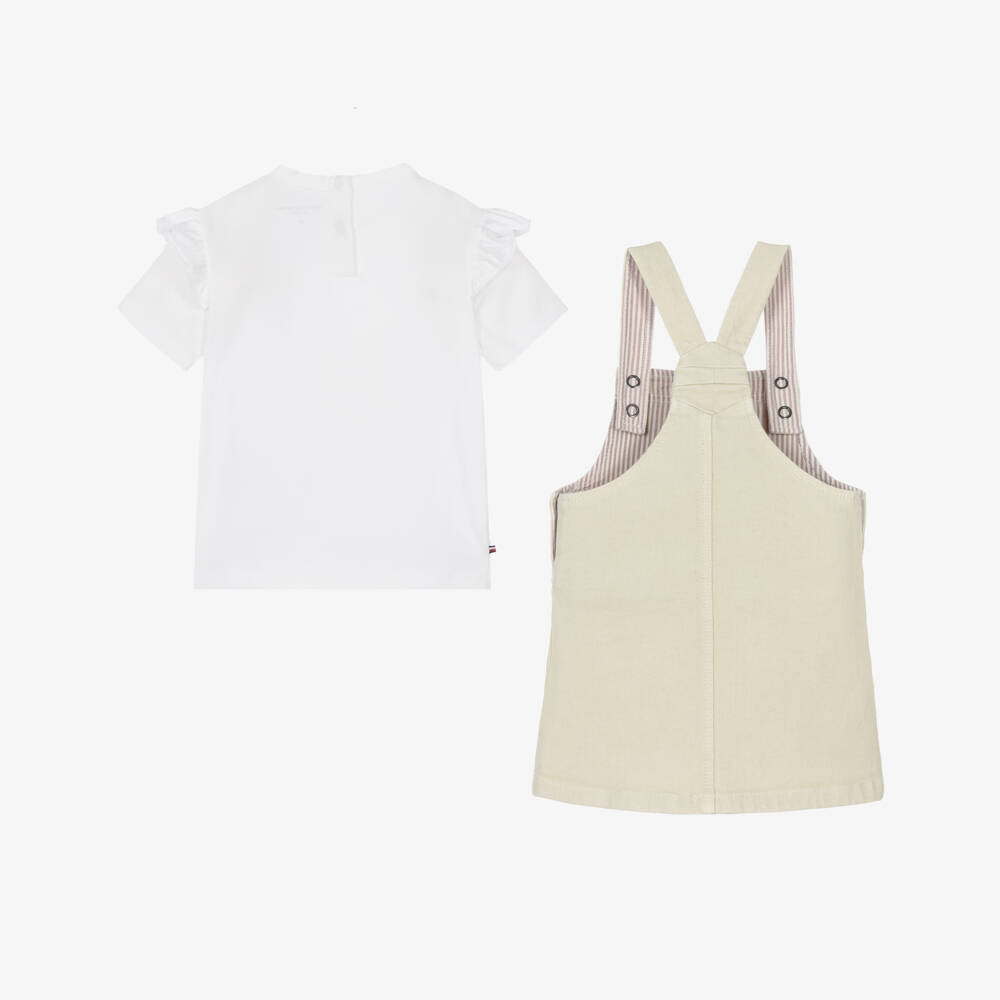 Tommy Hilfiger-Baby Girls Beige Cotton Dungaree Dress Set | Childrensalon
