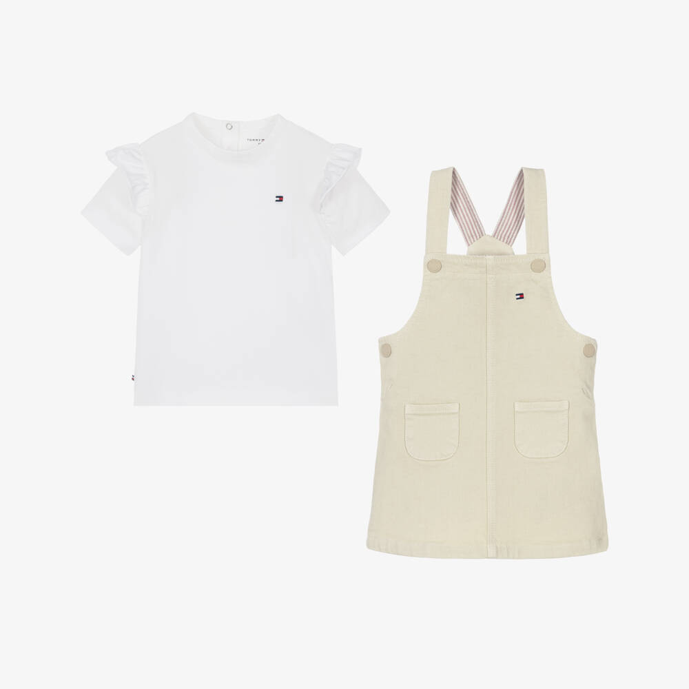 Tommy Hilfiger-Baby Girls Beige Cotton Dungaree Dress Set | Childrensalon