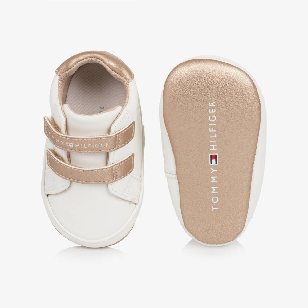 Tommy Hilfiger-Baby Girls Ivory & Gold Faux Leather Trainers | Childrensalon