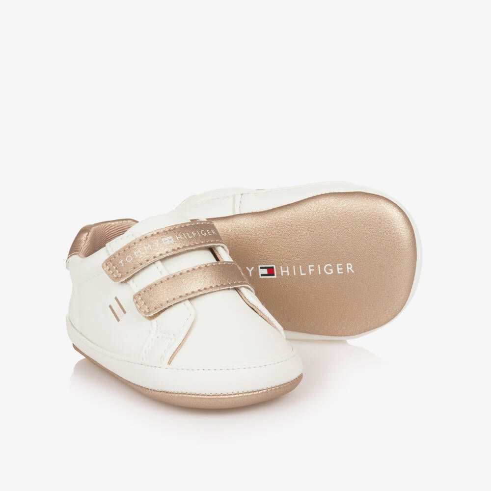 Tommy Hilfiger-Baby Girls Ivory & Gold Faux Leather Trainers | Childrensalon