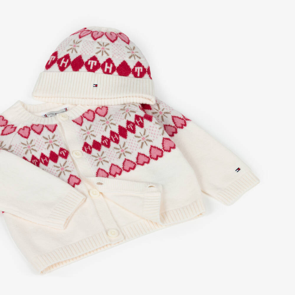 Tommy Hilfiger-Baby Girls Ivory & Pink Cardigan & Hat Gift Set | Childrensalon