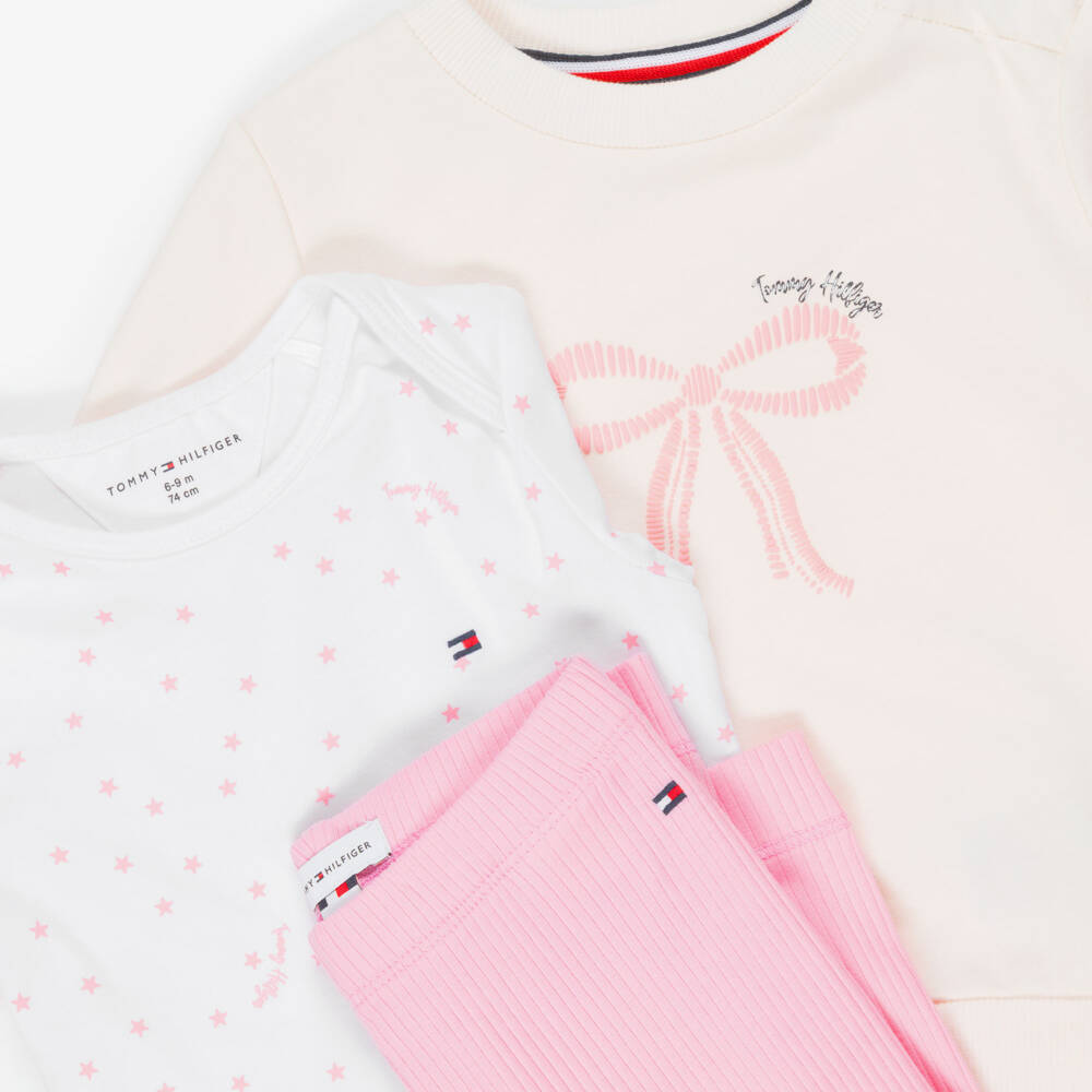 Tommy Hilfiger-Baby Girls Ivory & Pink Ribbed Leggings Set | Childrensalon