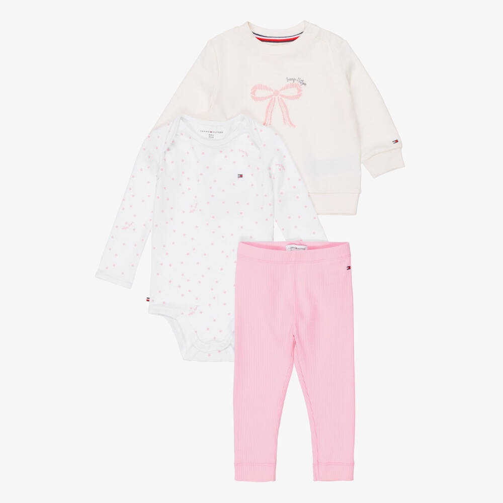 Tommy Hilfiger-Baby Girls Ivory & Pink Ribbed Leggings Set | Childrensalon