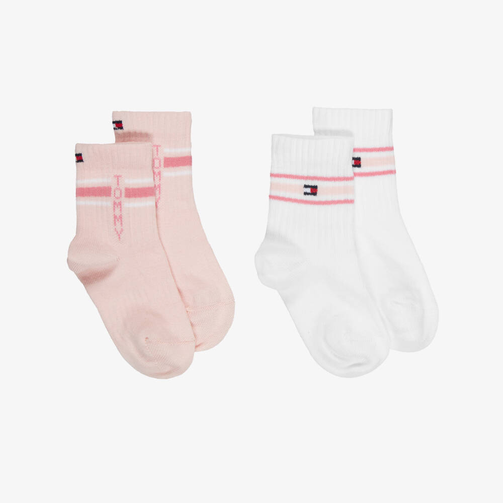 Tommy Hilfiger-Baby Girls Light Pink & White Flag Socks (2 Pack) | Childrensalon