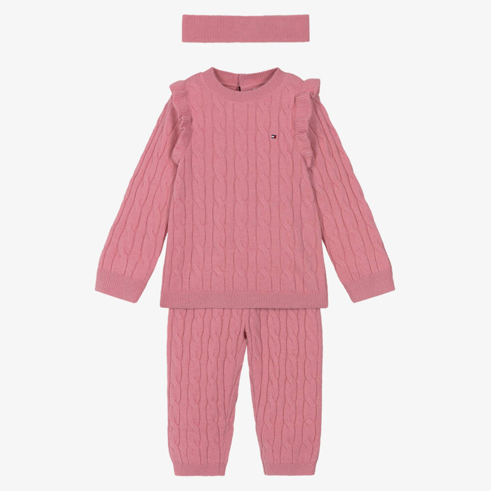Tommy Hilfiger-Baby Girls Pink Cotton Cable Knit Trouser Set with Headband | Childrensalon