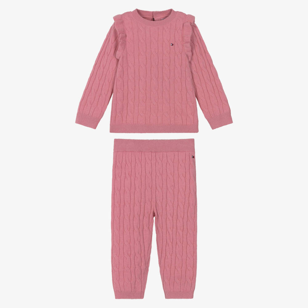 Tommy Hilfiger-Baby Girls Pink Cotton Cable Knit Trouser Set with Headband | Childrensalon
