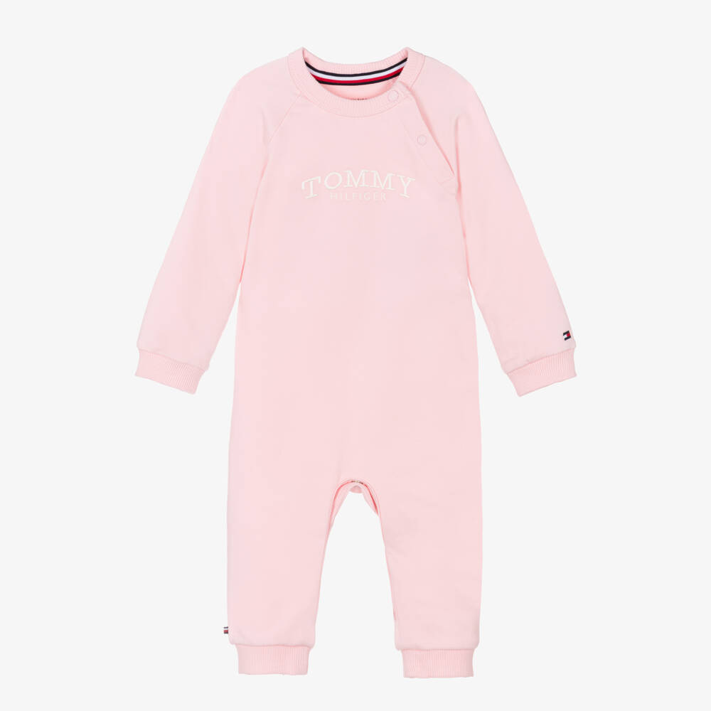 Tommy Hilfiger-Baby Girls Pink Cotton Romper with Embroidered Logo | Childrensalon