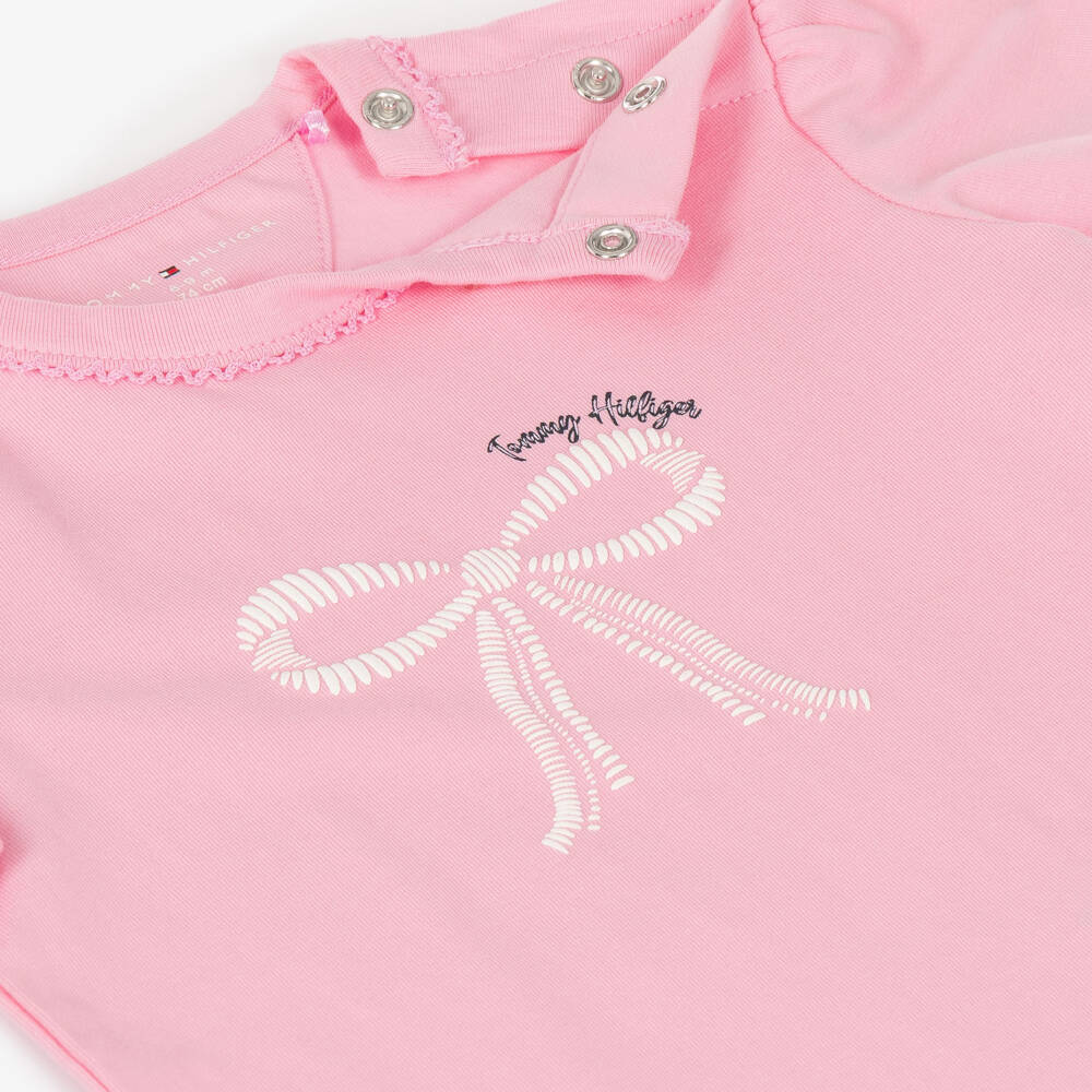 Tommy Hilfiger-Baby Girls Pink Cotton T-Shirt with Bow Print | Childrensalon