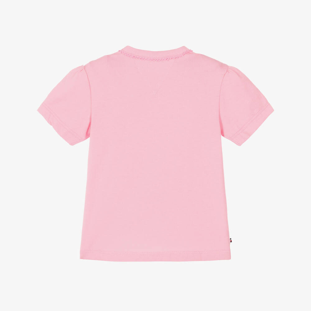 Tommy Hilfiger-Baby Girls Pink Cotton T-Shirt with Bow Print | Childrensalon