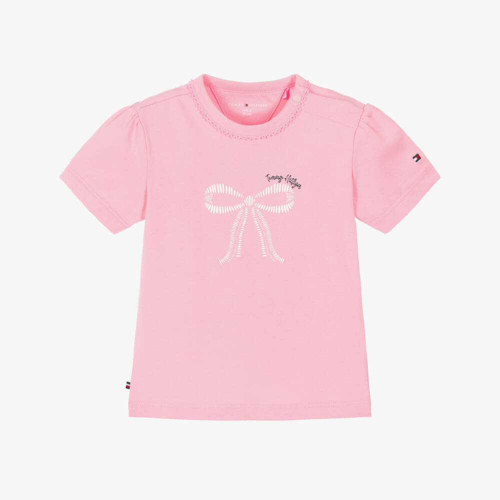 Tommy Hilfiger-Baby Girls Pink Cotton T-Shirt with Bow Print | Childrensalon