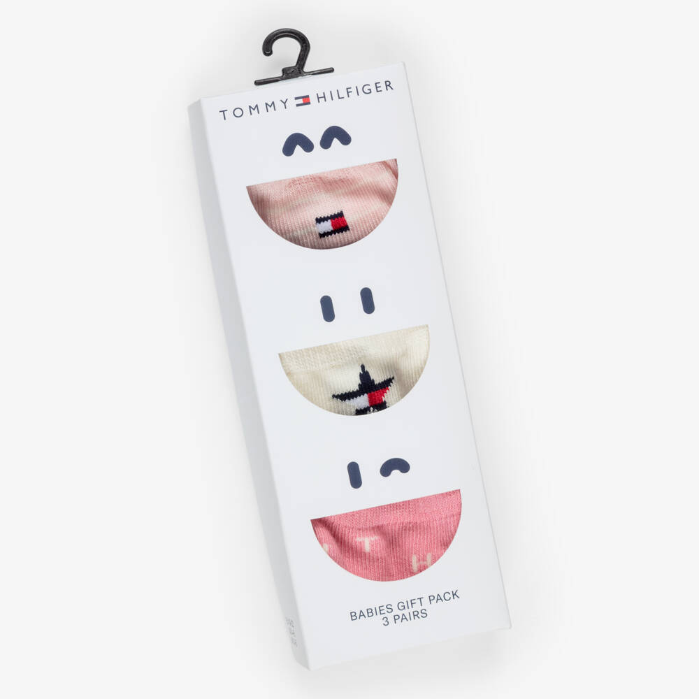 Tommy Hilfiger-Baby Girls Pink & Ivory Socks with Logos (3 pack) | Childrensalon