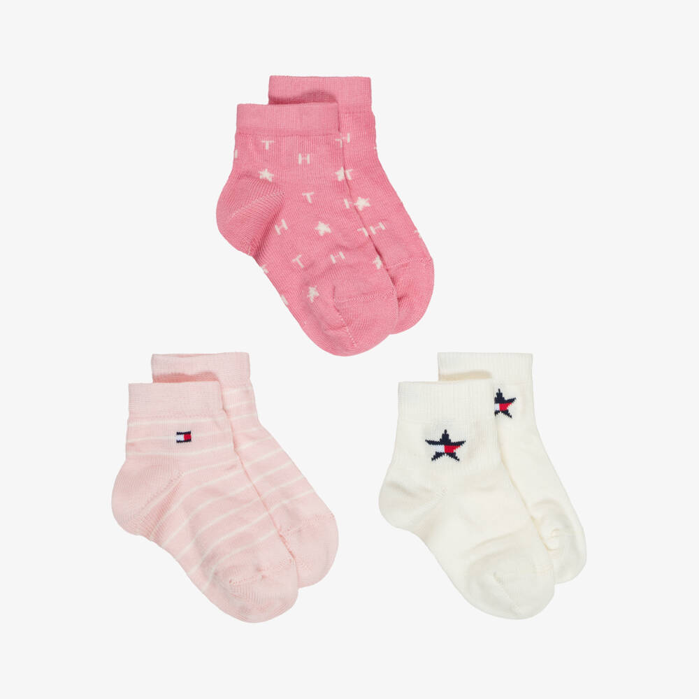 Tommy Hilfiger-Baby Girls Pink & Ivory Socks with Logos (3 pack) | Childrensalon