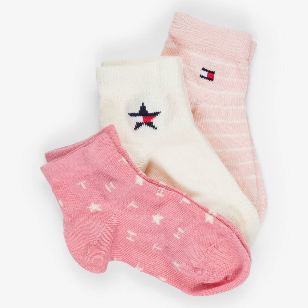 Tommy Hilfiger-Baby Girls Pink & Ivory Socks with Logos (3 pack) | Childrensalon
