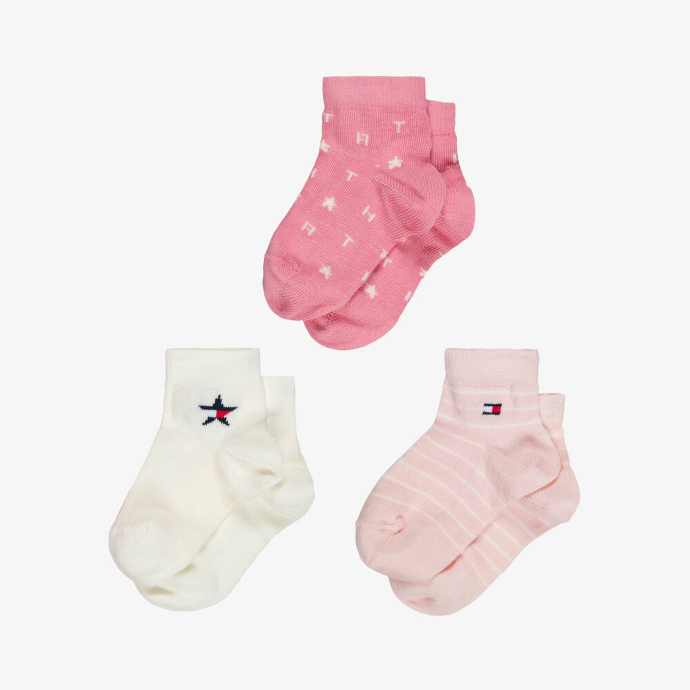 Tommy Hilfiger-Baby Girls Pink & Ivory Socks with Logos (3 pack) | Childrensalon
