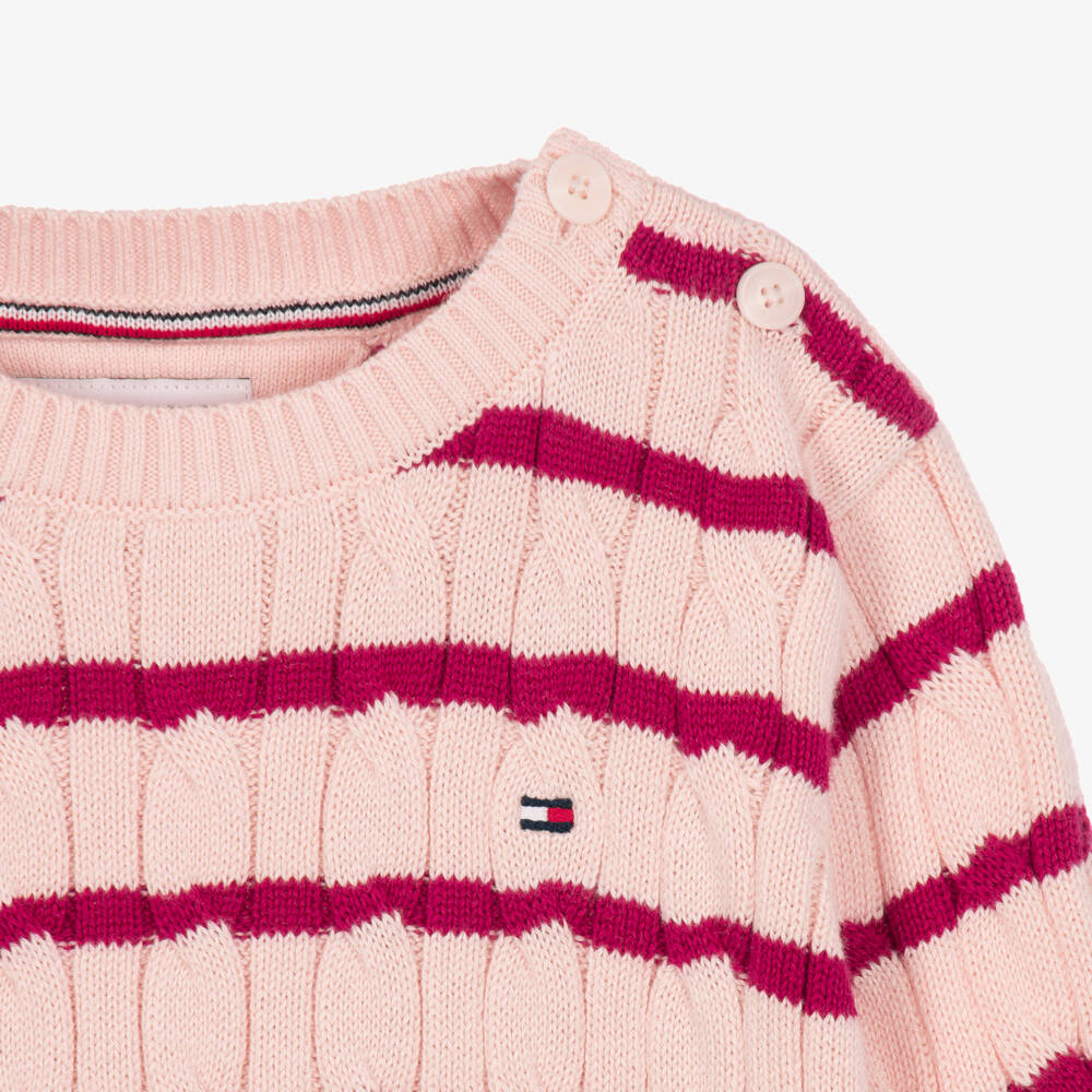Tommy Hilfiger-Baby Girls Pink Stripe Cable Knit Sweater | Childrensalon