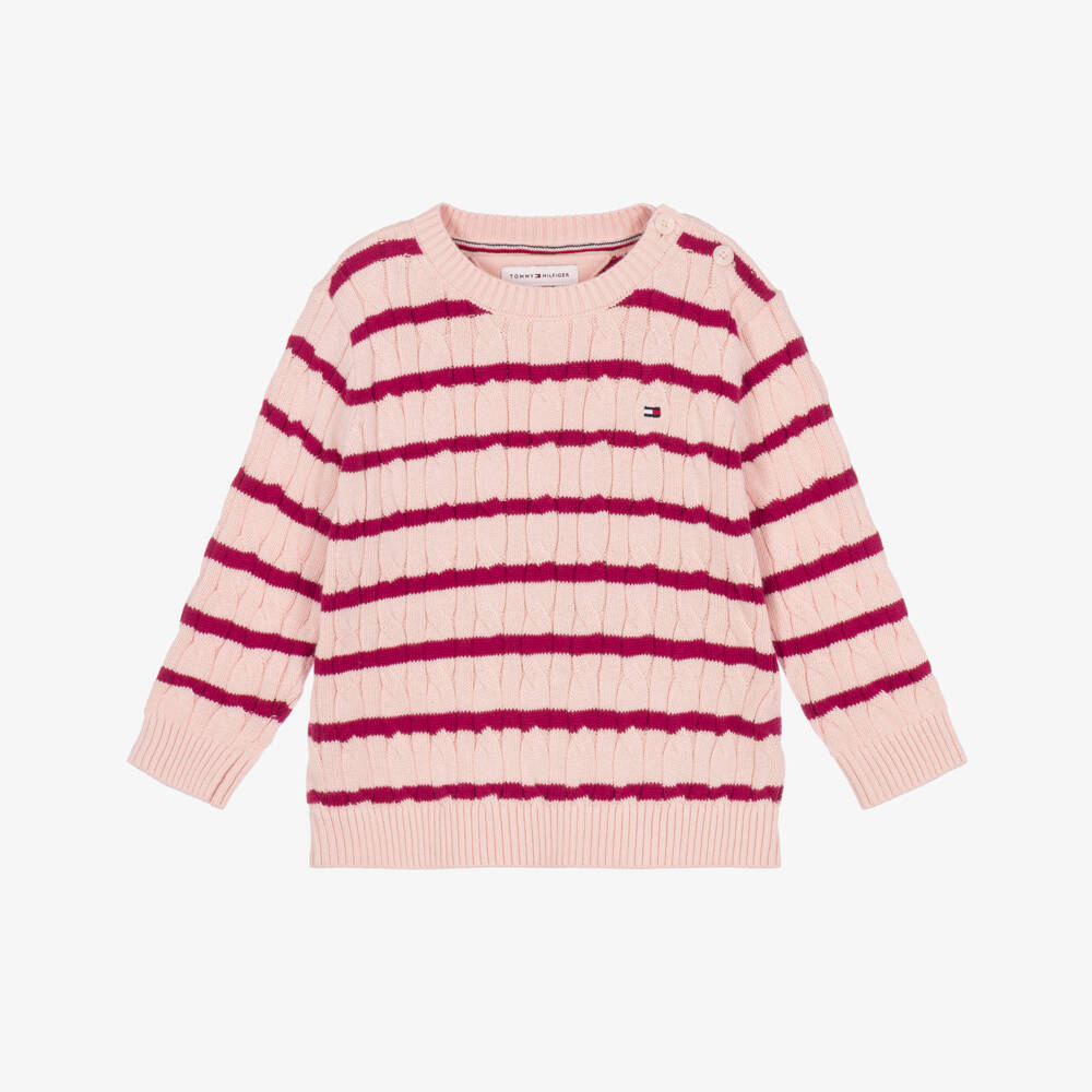 Tommy Hilfiger-Baby Girls Pink Stripe Cable Knit Sweater | Childrensalon