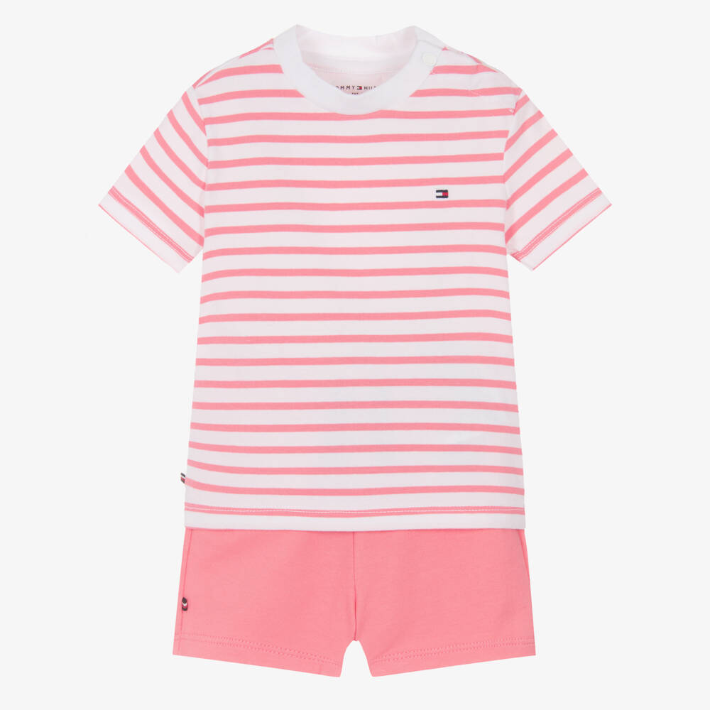 Tommy Hilfiger-Baby Girls Pink Stripe Cotton Jersey Shorts Set | Childrensalon