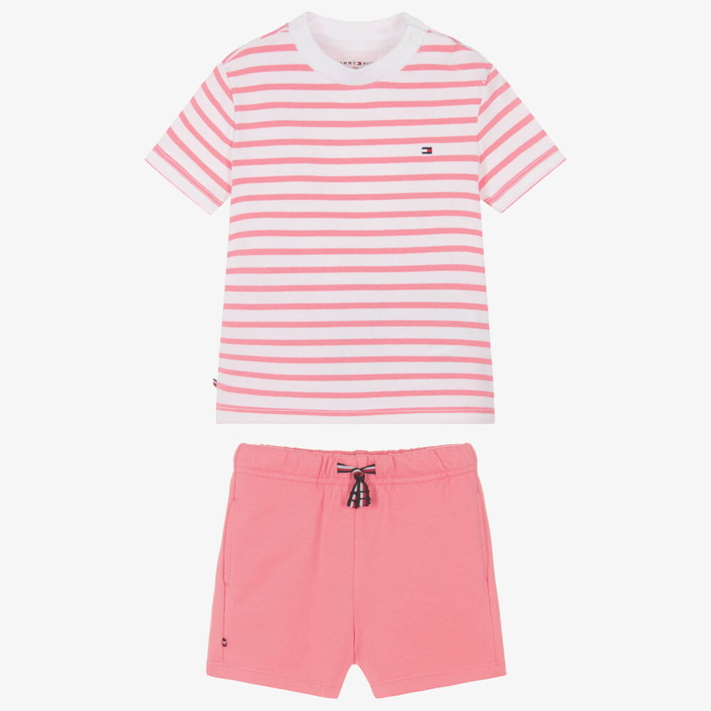 Tommy Hilfiger-Baby Girls Pink Stripe Cotton Jersey Shorts Set | Childrensalon