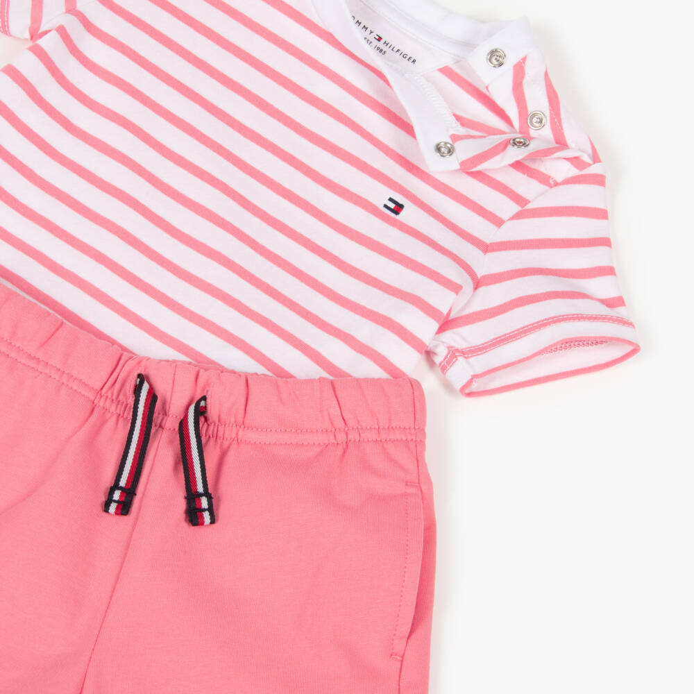 Tommy Hilfiger-Baby Girls Pink Stripe Cotton Jersey Shorts Set | Childrensalon
