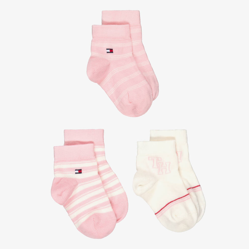 Tommy Hilfiger-Baby Girls Pink Striped Cotton Socks (3 Pack) | Childrensalon