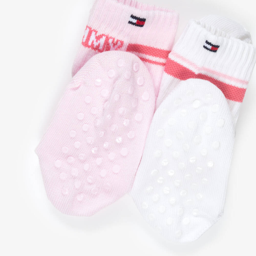 Tommy Hilfiger-Baby Girls Pink & White Socks with Anti-Slip Grips (2 Pack) | Childrensalon
