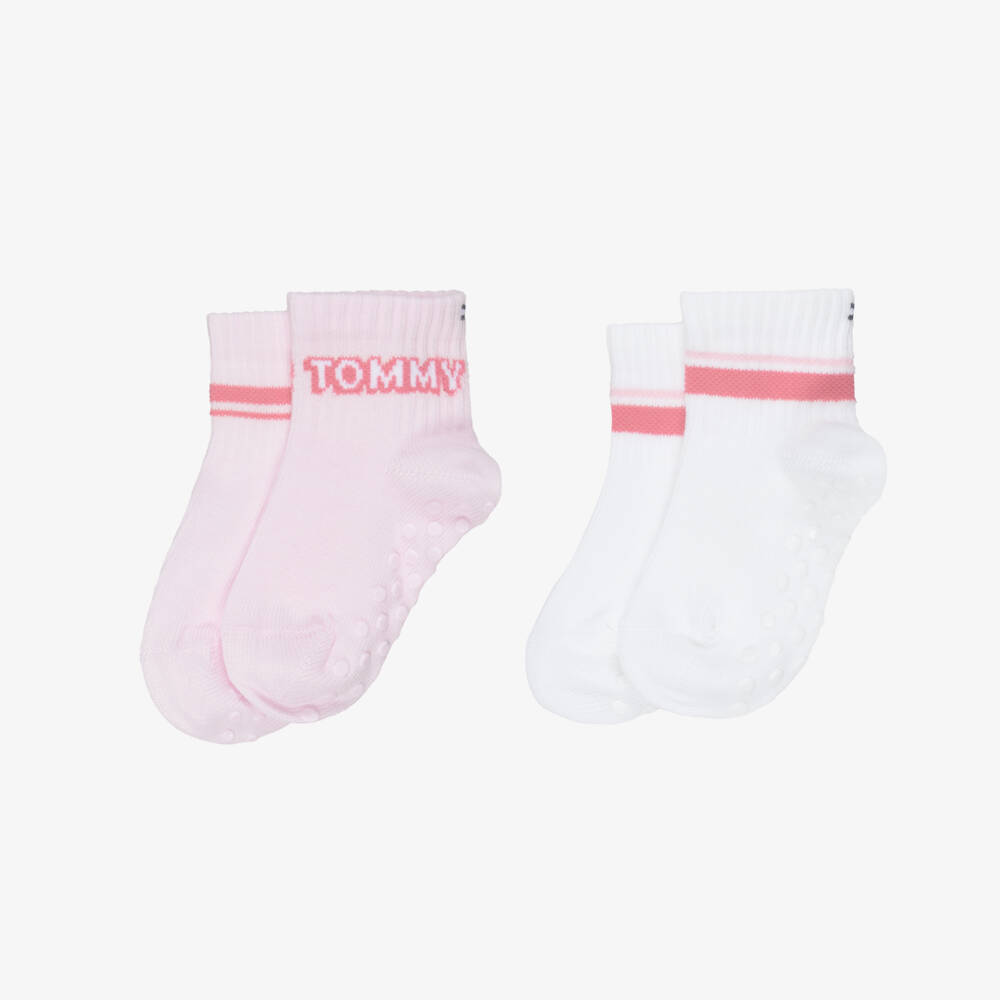 Tommy Hilfiger-Baby Girls Pink & White Socks with Anti-Slip Grips (2 Pack) | Childrensalon