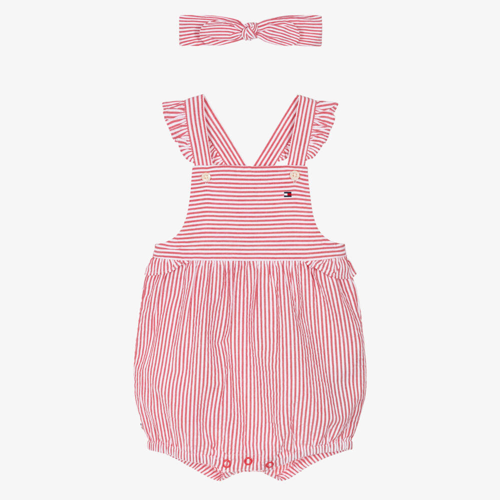 Tommy Hilfiger-Baby Girls Red Striped Seersucker Shortie Set | Childrensalon