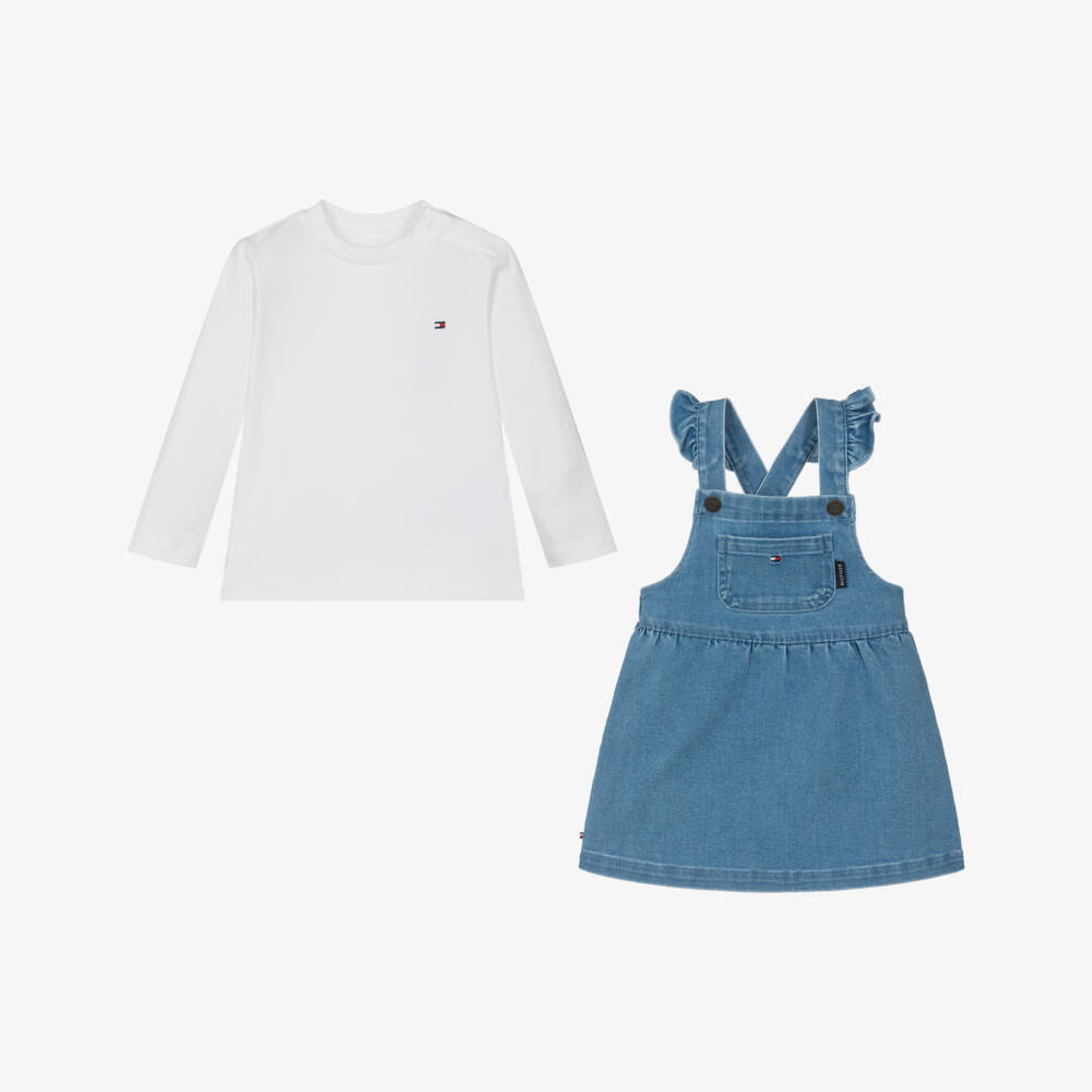 Tommy Hilfiger-Baby Girls White & Blue Pinafore Dress Set | Childrensalon