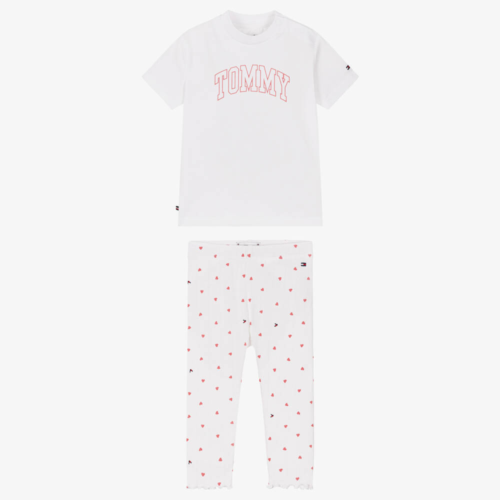 Tommy Hilfiger-Baby Girls White Cotton Jersey Heart Print Leggings Set | Childrensalon