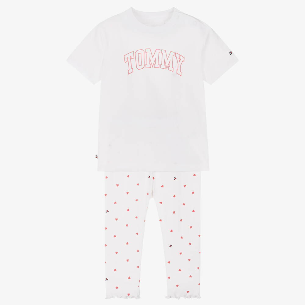 Tommy Hilfiger-Baby Girls White Cotton Jersey Heart Print Leggings Set | Childrensalon