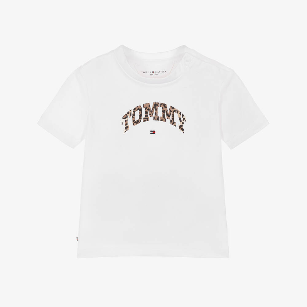 Tommy Hilfiger-Baby Girls White Cotton T-Shirt with Leopard Logo Print | Childrensalon