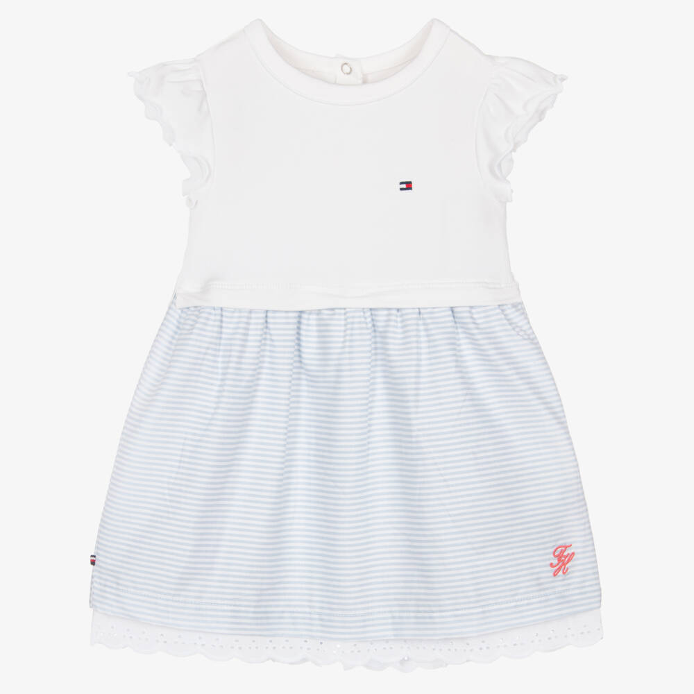 Tommy Hilfiger-Baby Girls White & Pastel Blue Stripe Cotton Dress | Childrensalon