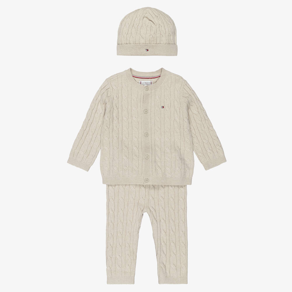 Tommy Hilfiger-Beige Cable Knit Baby Trouser Set | Childrensalon