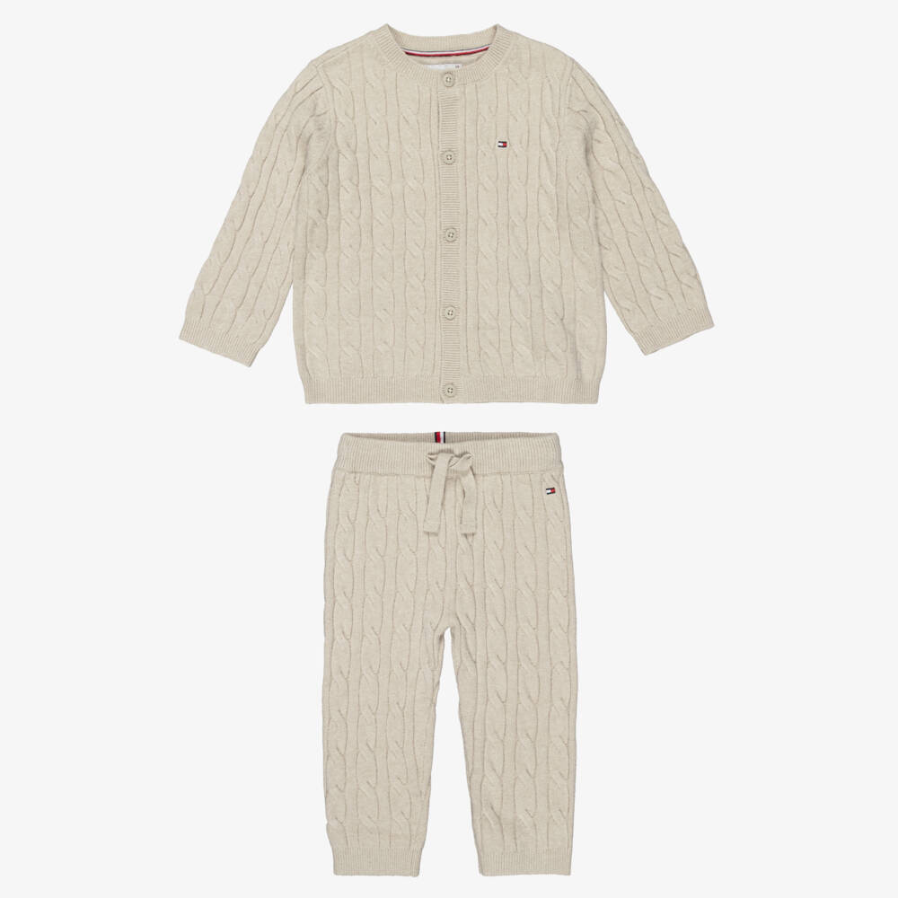 Tommy Hilfiger-Beige Cable Knit Baby Trouser Set | Childrensalon