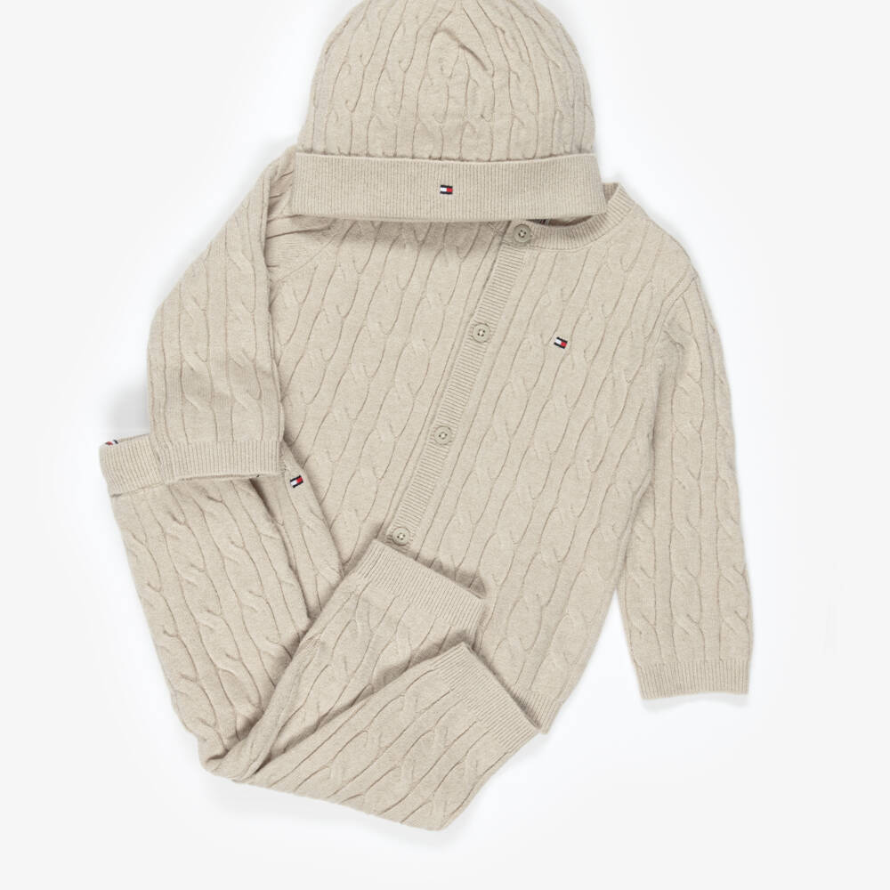 Tommy Hilfiger-Beige Cable Knit Baby Trouser Set | Childrensalon