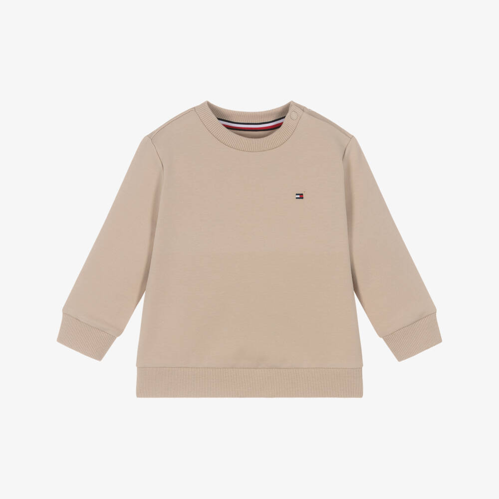 Tommy Hilfiger-Beige Cotton Baby Sweatshirt with Small Flag Logo | Childrensalon