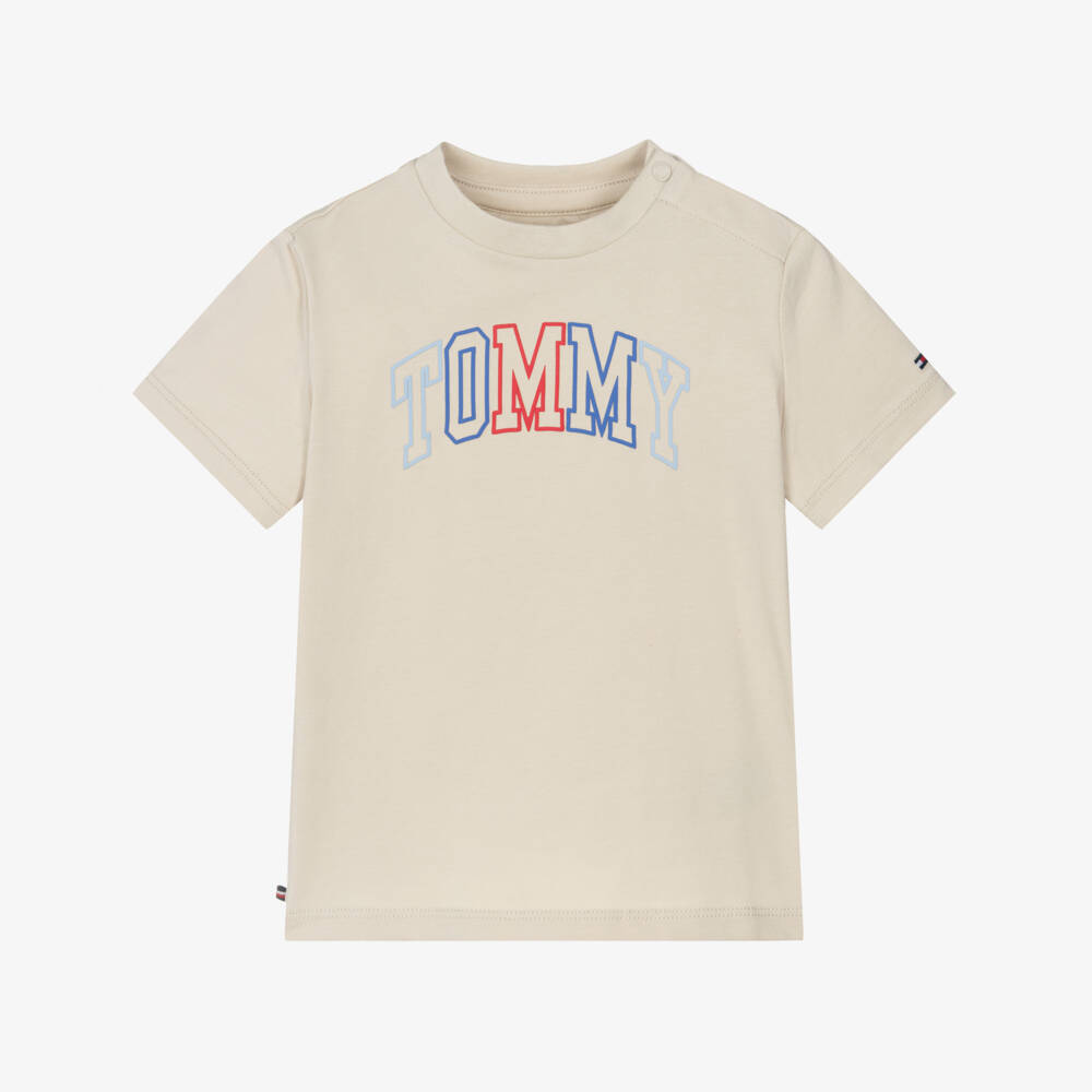 Tommy Hilfiger-Beige Cotton Baby T-Shirt with Varsity Logo | Childrensalon