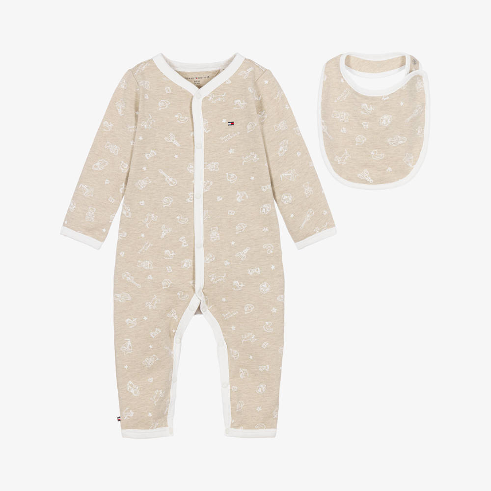Tommy Hilfiger-Beige Cotton Babysuit & Bib Gift Set | Childrensalon