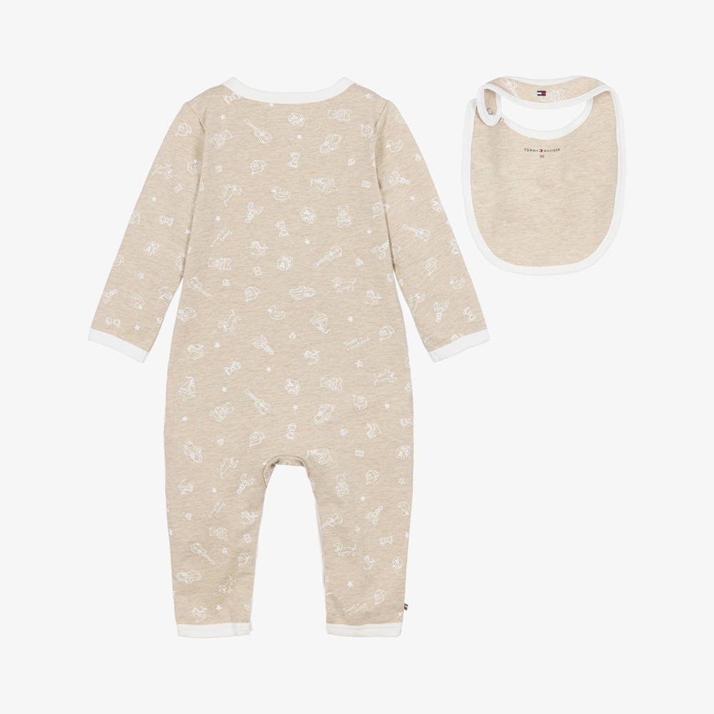 Tommy Hilfiger-Beige Cotton Babysuit & Bib Gift Set | Childrensalon