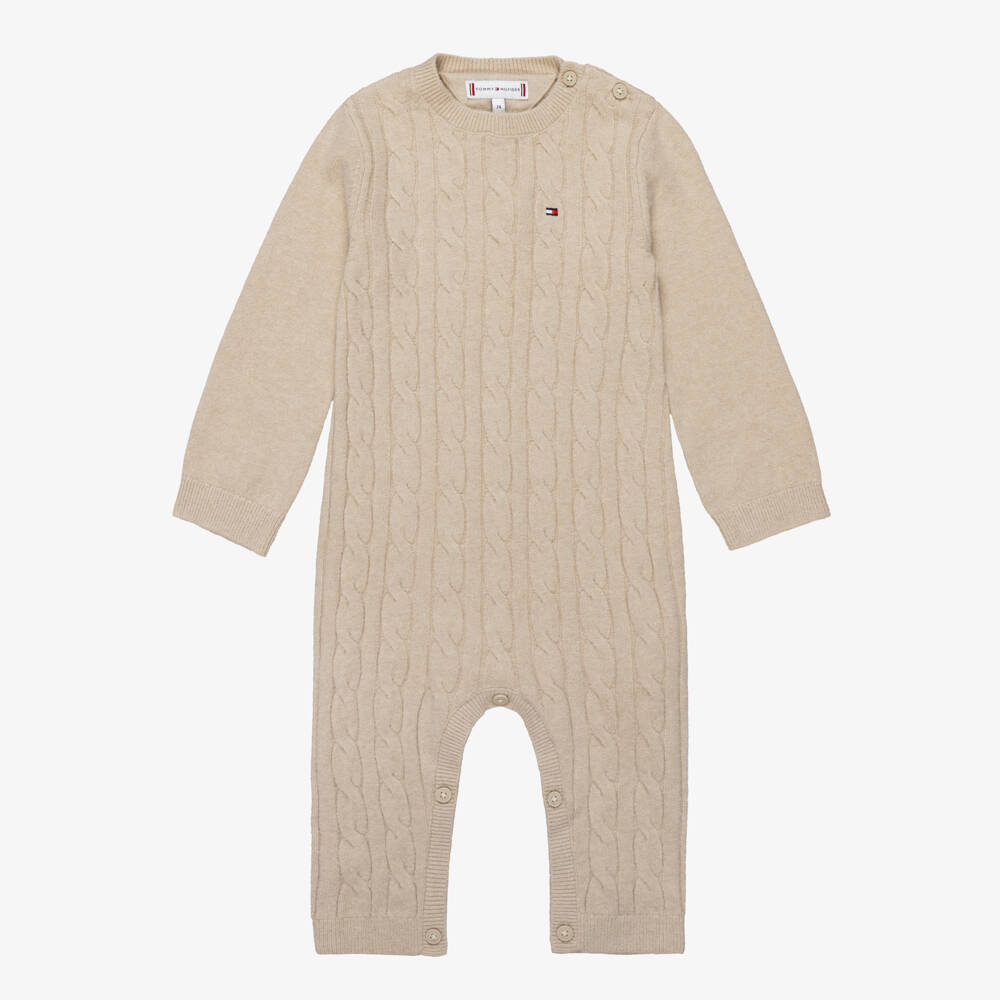 Tommy Hilfiger-Beige Cotton Cable Knit Babygrow | Childrensalon