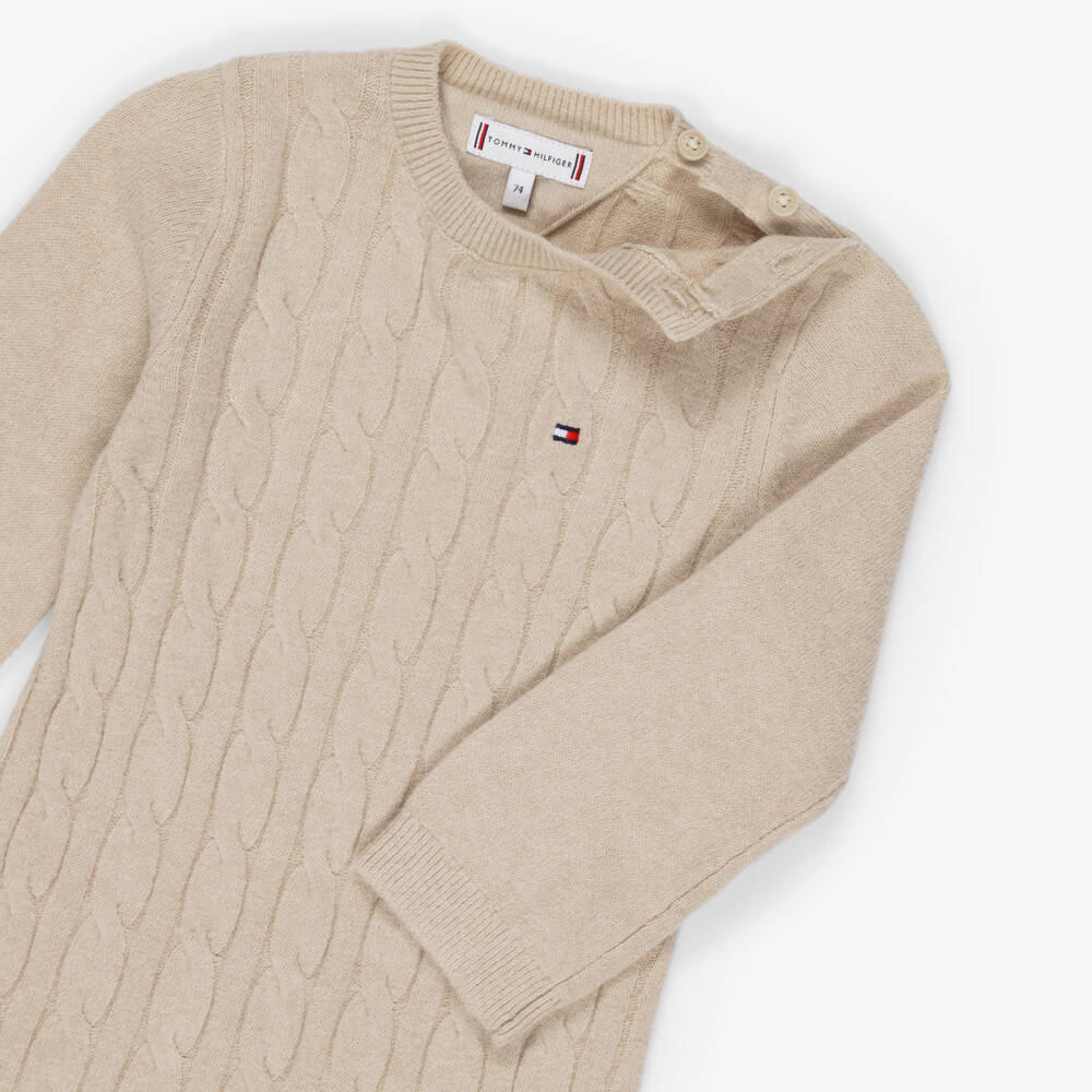 Tommy Hilfiger-Beige Cotton Cable Knit Babygrow | Childrensalon