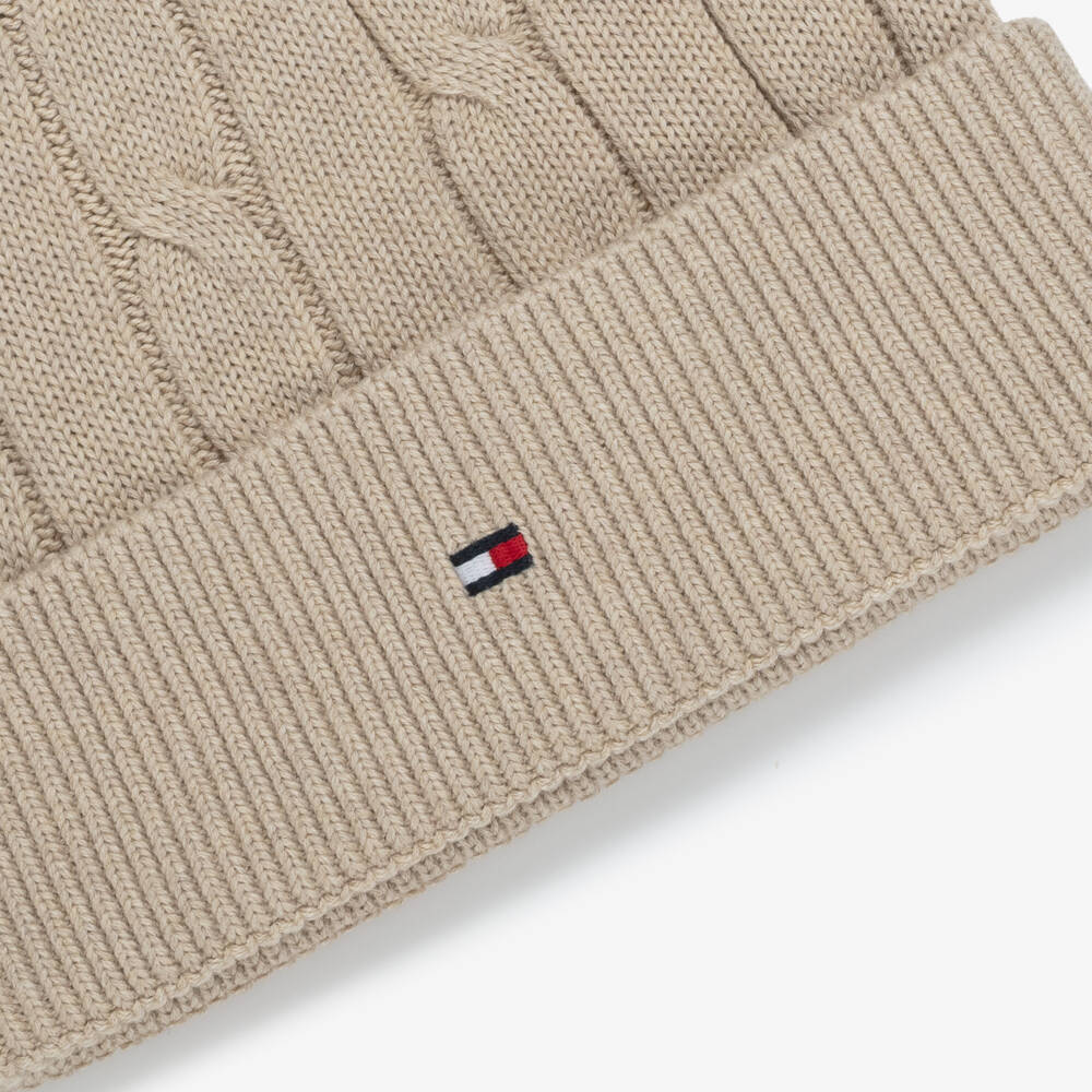 Tommy Hilfiger-Beige Cotton Cable-Knit Beanie | Childrensalon