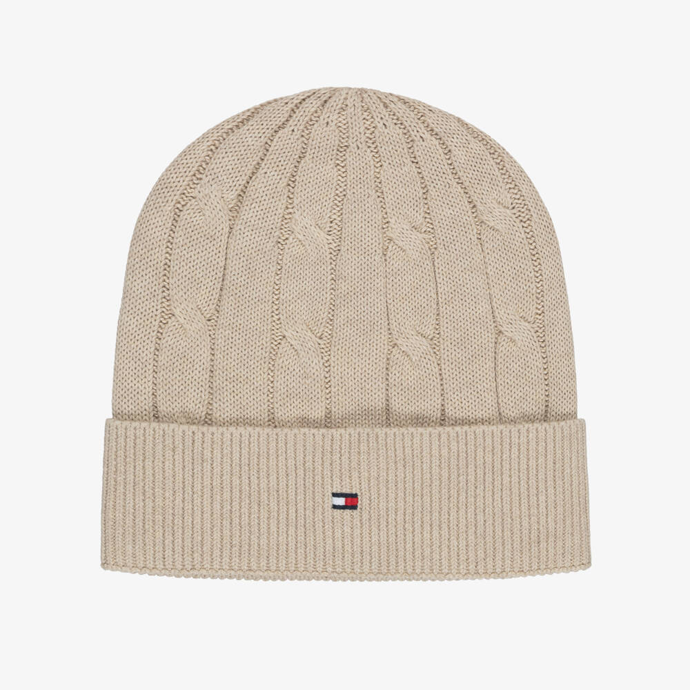 Tommy Hilfiger-Beige Cotton Cable-Knit Beanie | Childrensalon