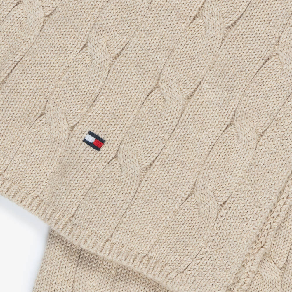 Tommy Hilfiger-Beige Cotton Cable Knit Scarf (150cm) | Childrensalon