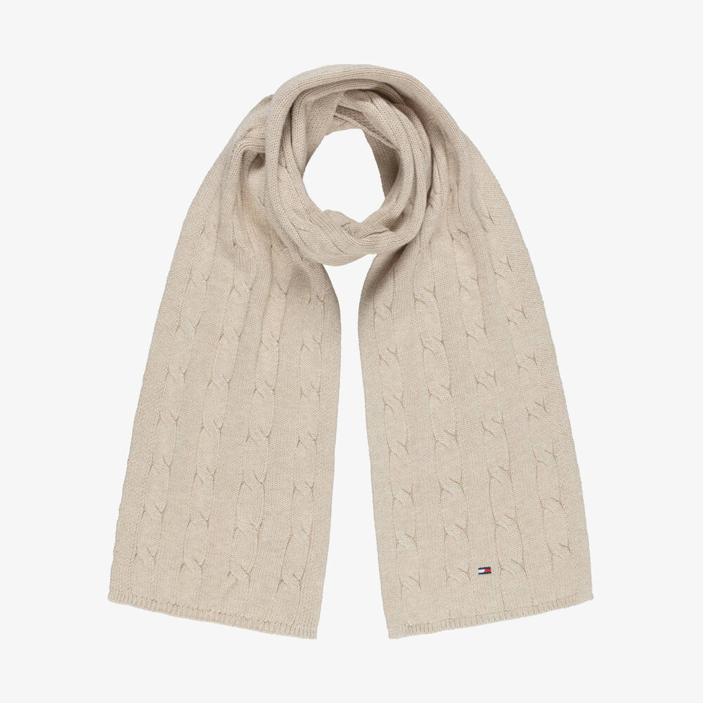 Tommy Hilfiger-Beige Cotton Cable Knit Scarf (150cm) | Childrensalon