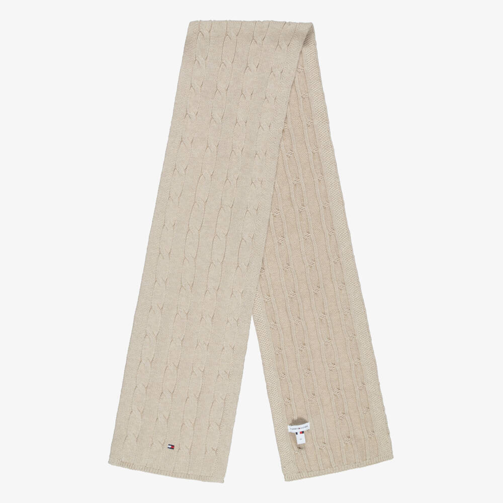 Tommy Hilfiger-Beige Cotton Cable Knit Scarf (150cm) | Childrensalon