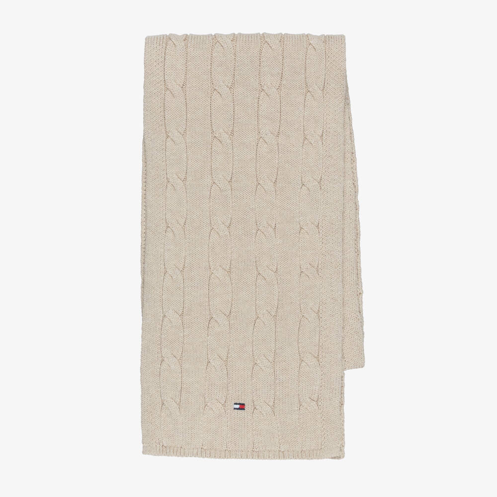 Tommy Hilfiger-Beige Cotton Cable Knit Scarf (150cm) | Childrensalon