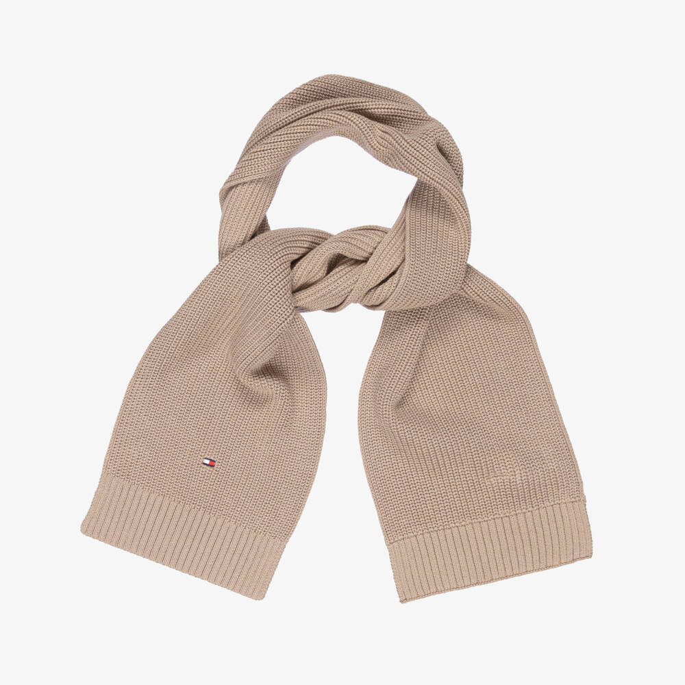 Tommy Hilfiger-Beige Cotton Ribbed Knit Scarf with Embroidered Logo (150cm) | Childrensalon