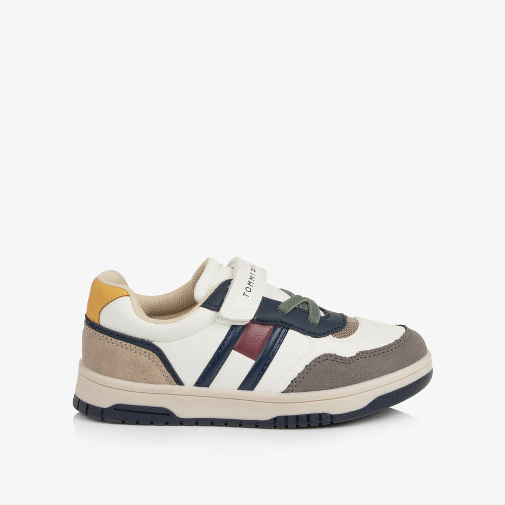 Tommy Hilfiger-Beige & Grey Faux Leather Velcro Trainers | Childrensalon